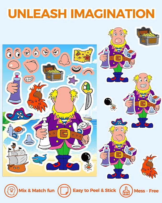 Aowplc 32 Sheets Make Your Own Pirate Stickers for Kids – Pirate Party Favors, Birthday Party Supplies & Classroom Crafts