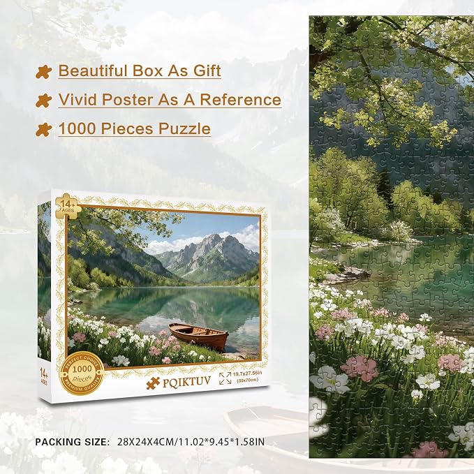 Puzzles for Adults 1000 Pieces, Serene Spring Mountain Lake | Wooden Boat Landscape Jigsaw Puzzle, Summer Beautiful Nature Scenery Wall Decor & Gift for Friends, 27.56x19.7 Inch