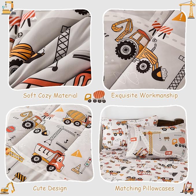 DJY Zipper Bedding Set Twin, Cars Bedding Sets for Boys, Kids Construction Comforter Set with Fitted Sheet Pillowcases, All in One Zipper Bed Set for All Seasons