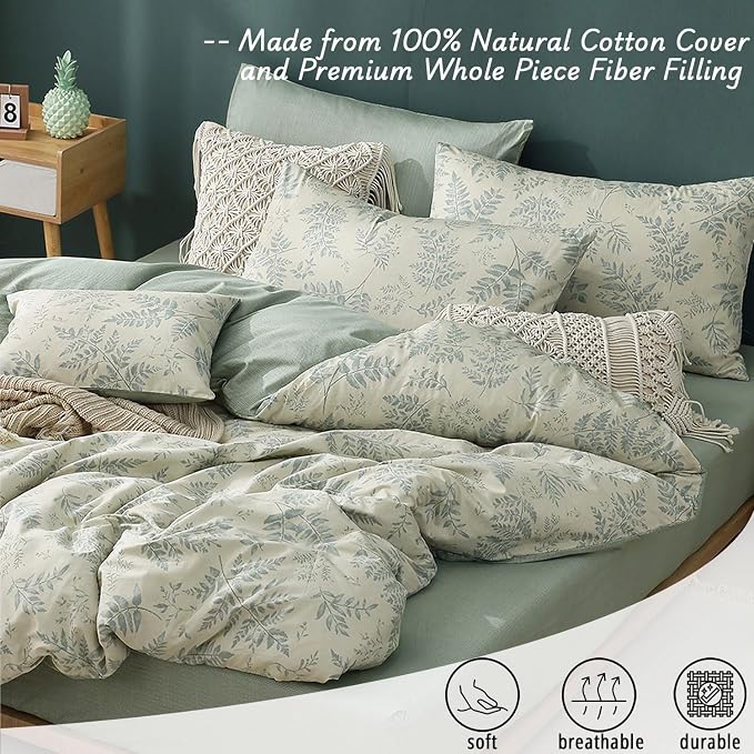 LEMIROE Botanical Cotton Comforter King Size - Dusty Green Comforter Printed with Luxurious Greyish-Green Ferns on Beige,Reversible Lightweight Bedding Sets 3Pcs(104"×90")