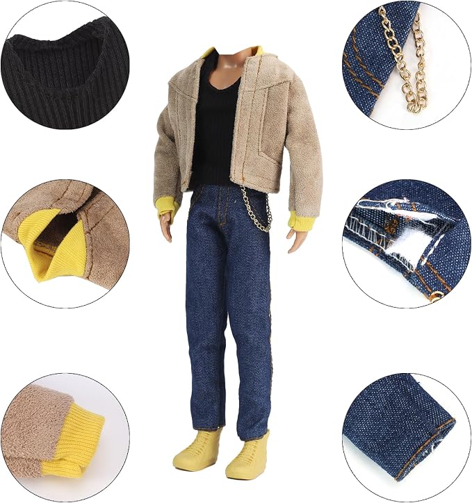E-TING 10 Sets Casual Varsity Jacket Set= 5 Sets Casual Outfit for 12″ Boy Doll with 5 Pairs Shoes (Vintage Lightweight Suede Bomber Jackets+ Casual Wear Clothes )