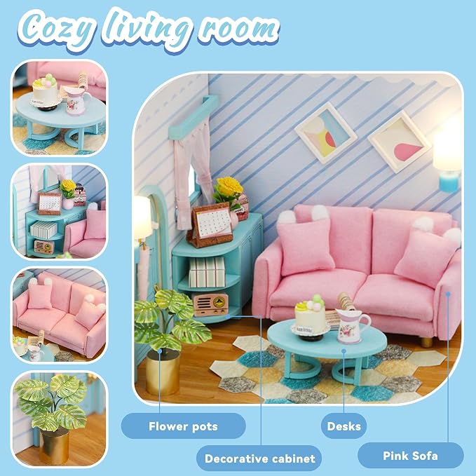 Kisoy Dollhouse Miniature with Furniture Kit, DIY 3D Wooden DIY House Kit A Corner of a Small Apartment Style with Dust Cover & LED, Handmade Tiny House Toys for Adults and Teens Gift（Living Room）