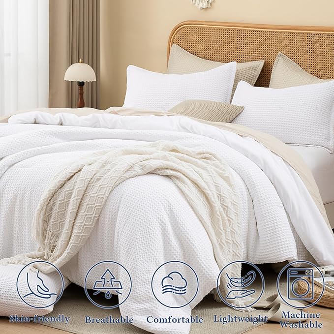 David's Home Waffle Weave Comforter Set 2PCS Twin Size, Soft Breathable Lightweight Cozy Skin-Friendly Warm for All Season, Elegant Aesthetic Home Decor Bedding Set with Pillow Shams, White