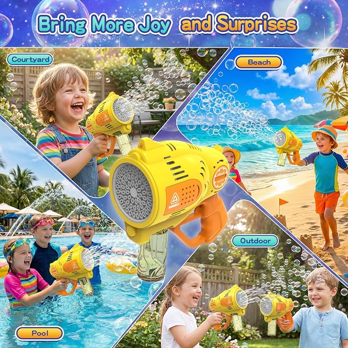 57-Holes Bubble Machine Gun for Kids, Big Automatic Bubbles Blower Blaster Maker with 1 Bottles Solution, Easter Party Favors Summer Outdoors Wedding Toys Gifts for Teens Children Boys Girls 3+,Yellow