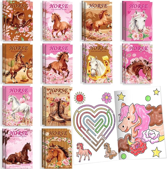 BenLouis 24 Pcs Horse Floral Mini Coloring Books Kids Cowgirl Party Favors Small Activity Books Bulk for Kids Girls Horse Racing Flower Goodie Bags Stuffers Return Gifts Classroom Travel