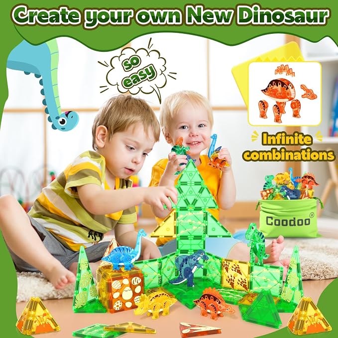 Coodoo Dinosaur Toys Magnetic Tiles 3D Movable Dinos for Kids 3-5 5-7 Toddler Outdoor Sensory Toys, STEM Educational Magnetic Blocks for 3+ Years Old Boys Girls Kids Toy