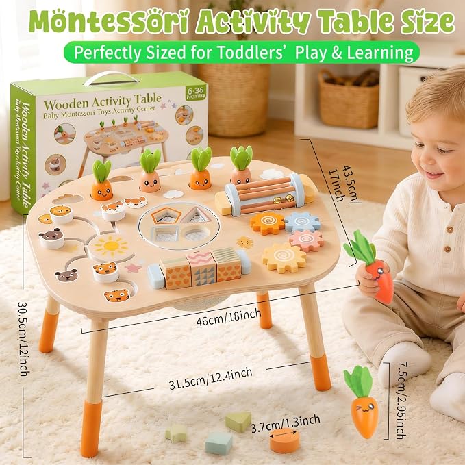 Wooden Montessori Activity Table for Toddlers 6-36 Months | 6-in-1 Montessori Baby Activity Center with Shape Sorter, Sensory Learning Toys for Boys & Girls, 1st Birthday Gifts
