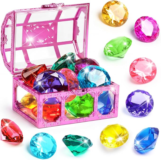 Diving Gems Pool Toys with Purple Treasure Chest Toy for Girls Age 3-10 | Large shatterproof acrylic diving gems. Fade-resistant, specially weighted to sink, building kids' water confidence