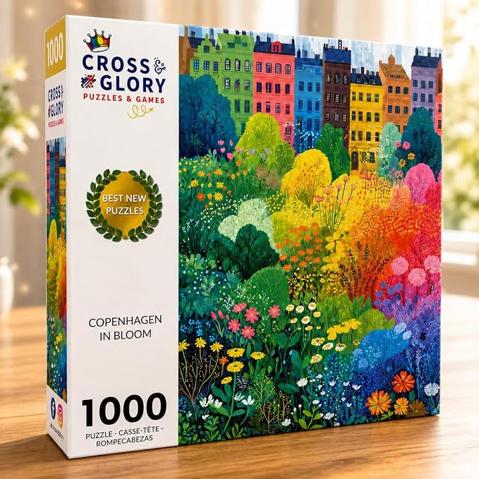 Cross & Glory – Copenhagen in Bloom – 1000 Piece Jigsaw Puzzle for Adults | Vibrant Copenhagen City Garden Puzzle | Colorful Wildflower Artwork | Premium Ribbon-Cut Puzzle with Satin Finish
