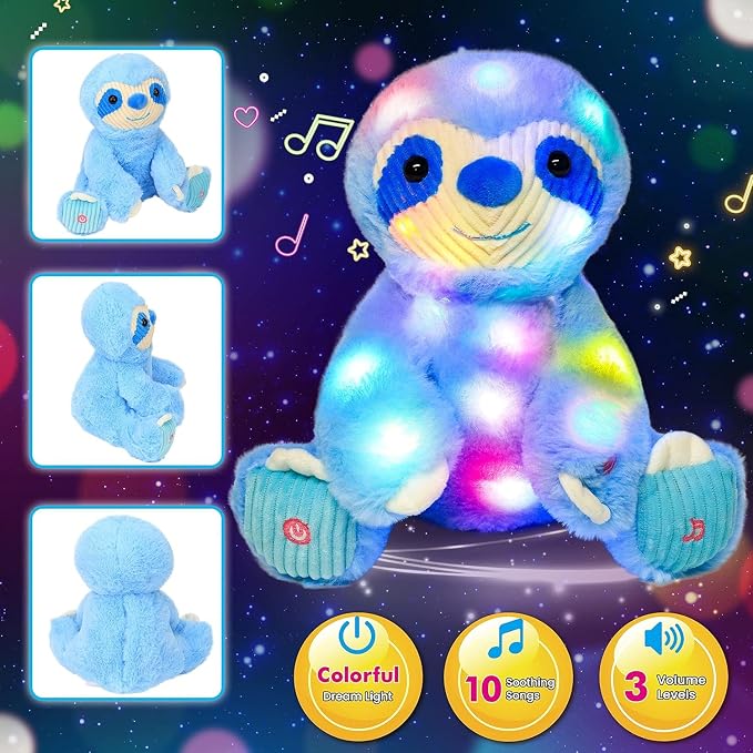 Light-up Singing Plush Blue Sloth LED Musical Stuffed Animal Adjustable Volume Lullaby Plushies Birthday Christmas Toy Gifts for Kids Toddler Girls, 13"