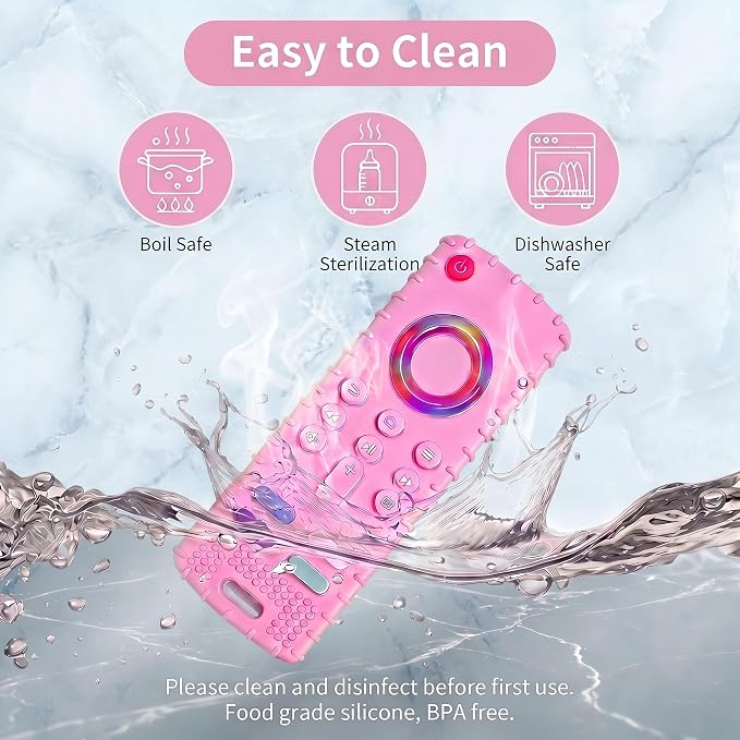 SOLIFEGOBLE Silicone TV Remote Teething Toy, BPA-Free Food Grade Teether for Babies 6-24 Months, Soft Chew Toy with Textured Buttons, Teething Relief & Sensory Play (Pink)