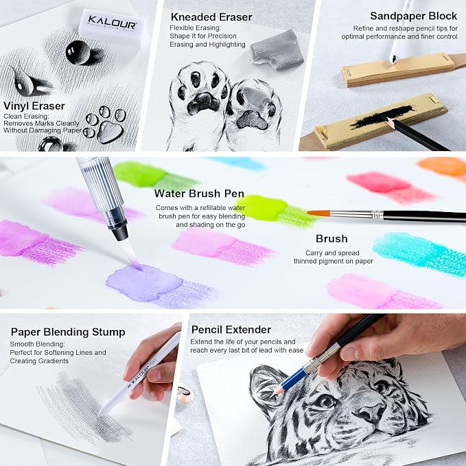 KALOUR PDAS 112 Drawing Set Sketching Kit, Pro Art Supplies with 3-Color Sketchbook & Coloring Book, Neon, Colored, Watercolor, Metallic, Graphite, Charcoal Pencils, Gift for Artists Adults Teens