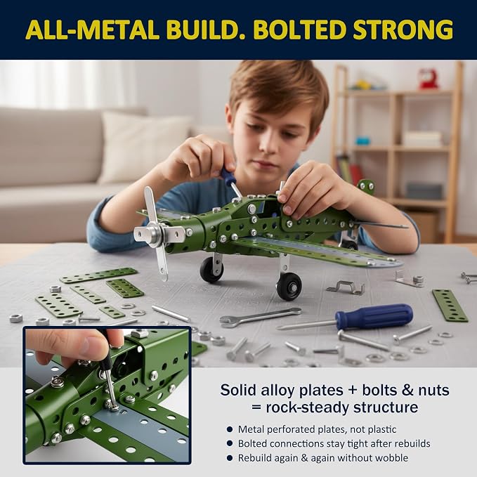 Metal Model Airplane Building Toys for Boys & Girls Ages 8-16, 285 Pieces DIY STEM Construction Kits, Educational Engineering Science Plane Set, Vintage Aircraft Vehicle Gift for Kids & Adults