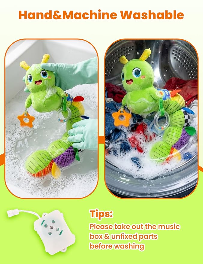 GoGonova Musical Caterpillar Baby Sensory Toy for Infant Development 0-12 Months – Newborn Bath, Car Seat, Stroller & Bassinet Activity Toy & Gift – Tummy Time Crawler & Teether(Green)