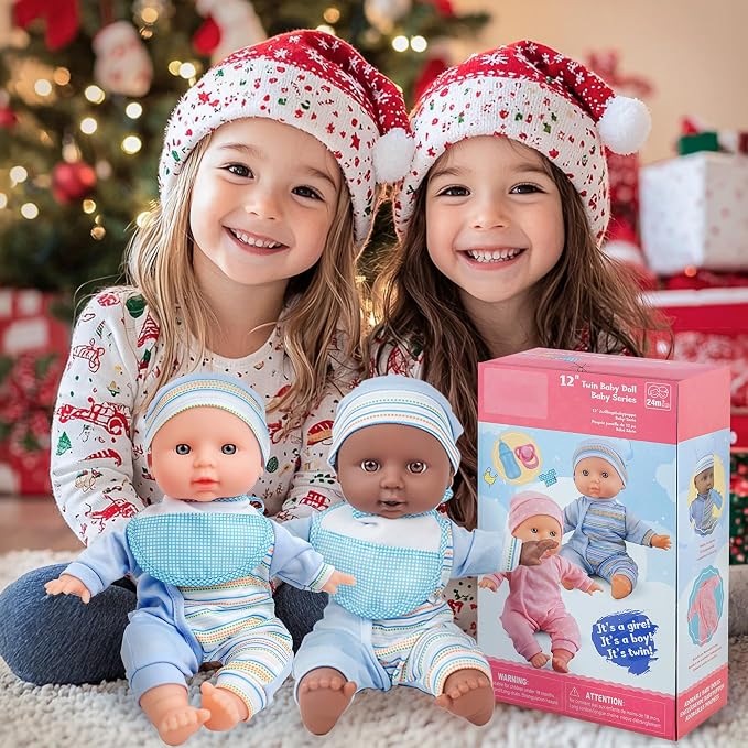 Toy Choi's Twin Baby Dolls 12 inch Soft Body Black and White Doll Set, Babydoll Playset with Rompers, Hat, Pacifier and Doll Bibs, Gifts Toys Toddlers Kids Boys and Girls | Blue Outfit Doll Set