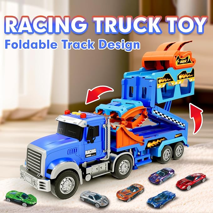 Truck Car Toys for 3, 4, 5, 6, 7, 8 Years Old Kids, Carrier Truck Race Track Toys, Foldable Transport Car Toys with Foldable Race Tracks and 6 Metal Cars, Birthday Gifts for Toddler Boys Girls (Blue)