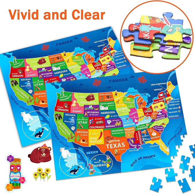 Puzzles for Kids Ages 6-8 8-10 10-12 Year Old - 200 Piece Jigsaw Puzzles for Kids Aged 6 to 12 - United States Puzzle - Colorful Children Puzzles for Girls and Boys Educational Toys