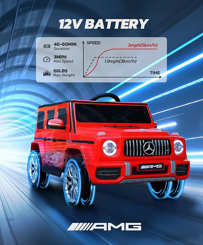 ELEMARA Licensed Mercedes-Benz AMG G63 Ride on Toys,Drivable Car for Toddler,Kids' Electric Vehicles,Dual Mode of Flashing Light/LED Light,Low Battery Prompt,Bluetooth,Music& Horn,Soft Start,Red