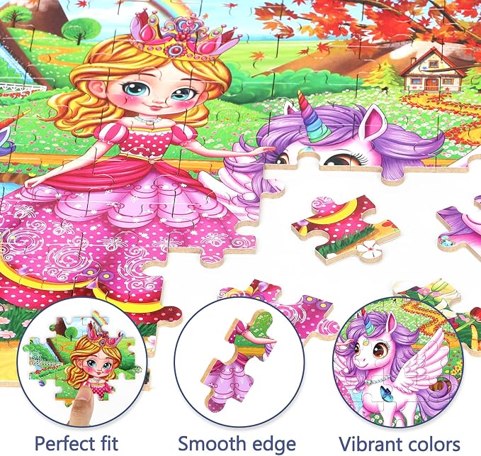 MZZOTOY Princess and Unicorns Puzzles for Kids Ages 4-8, 100 Pieces Jigsaw Puzzles for Kids Ages 3-5 Puzzle for Girls and Boys Learning Educational Puzzles Toys in a Metal Box