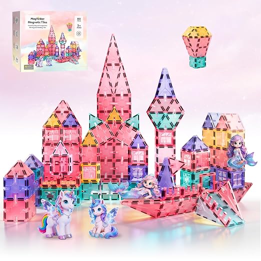 Magnetic Tiles, 80PCS Interlocking Building Blocks, Unicorn & Mermaid Princess Castle Construction STEM Learning Early Education for Kids Girls Boys,Toddler Toy Set Age 3-8