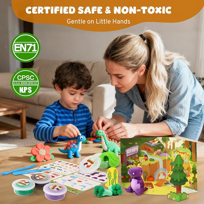 Air Dry Clay Kit for Kids, Modeling Magic Clays, 18 Colors with Storybook, DIY Tutorials, Tools & Scene Cards – Soft, Non-Sticky & Light, Clay Craft Gift for Boys & Girls Ages 3+ (Dinosaur)