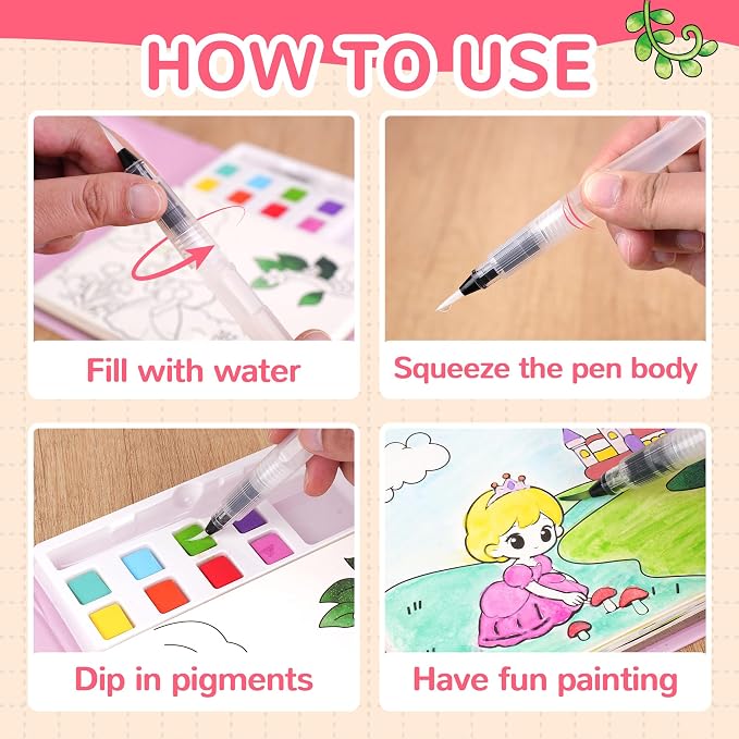 YPLUS Paint with Water Coloring Book for Toddlers, Mess Free Watercolor Painting Set with Brush, 26 Pages & 8 Color Palettes, DIY Art Craft Travel Toy Gift for Kids Ages 1-3 2-4 4-6 (Princess)
