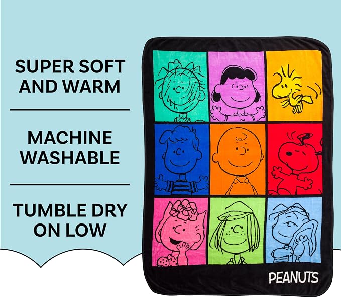 Silver Buffalo Peanuts Featuring Pig-Pen, Lucy, Woodstock, Schroeder, Charlie Brown, Snoopy, Sally, Peppermint Patty, and Linus 45” x 60” Fleece Throw, Soft and Cozy Blanket, 250 GSM