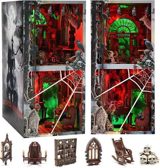 fifijoy Haunted Horror Book Nook Kit, DIY Miniature Dollhouse Halloween Booknook Kit, Spooky Creepy Scary 3D Wooden Puzzle Bookend Bookshelf Insert Decor with LED Light (Haunted Mansion)