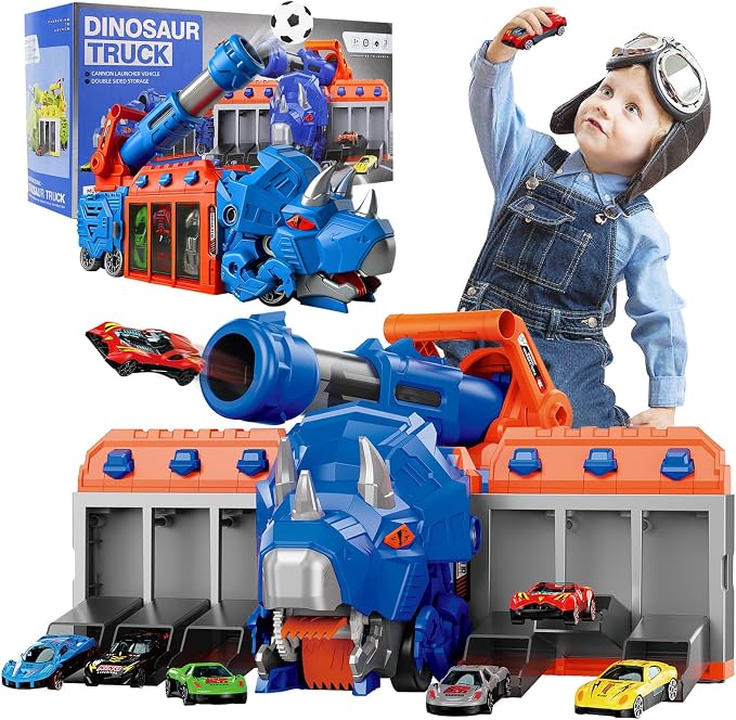STBEIMEIMY Triceratops Dinosaur Truck, Foldable Storage & Shooting with 10 Cars Foldable Storage Holds 10 Cars & 12 Soft Balls, Sturdy Non-Toxic Build, Indoor & Outdoor Play
