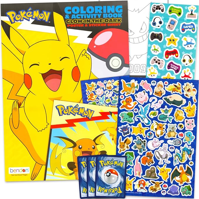 Pokemon Coloring Set with Glow in The Dark Posters, Stickers - Bundle with Pikachu Activity Book for Boys Plus Glow in The Dark Poster, Stickers, Trading Cards, More | Pokemon Coloring Book for Kids