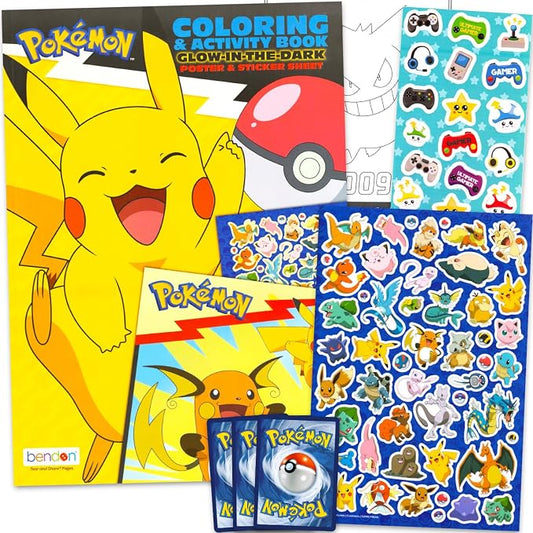 Pokemon Coloring Set with Glow in The Dark Posters, Stickers - Bundle with Pikachu Activity Book for Boys Plus Glow in The Dark Poster, Stickers, Trading Cards, More | Pokemon Coloring Book for Kids