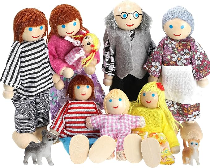 Skylety 10 Pcs Wooden Dollhouse Set of Mini People Figures Dollhouse Dolls Wooden Doll Play Figures Accessories(Classic Style)