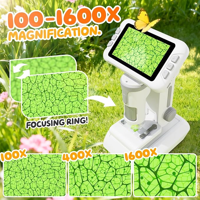 1600X Microscope for Kids, 1080P 4.0" Digital Screen Kids Microscopes with Slides Kit, Educational Science Toys for Christmas Birthday Gifts for 3-14 Year Old Children Students