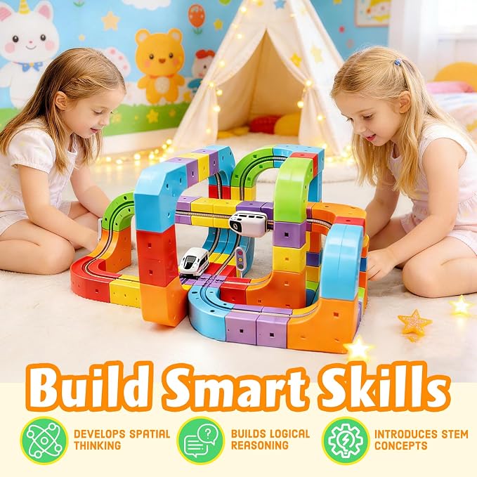 Electric Train Set for Kids 3–8, 121PCS/2 Car, 3D Infinity Racer Magnetic Train Sets with Motorized Train, STEM Building Train Tracks for Creative Learning, Electric Train Set Gift for Boys and Girls