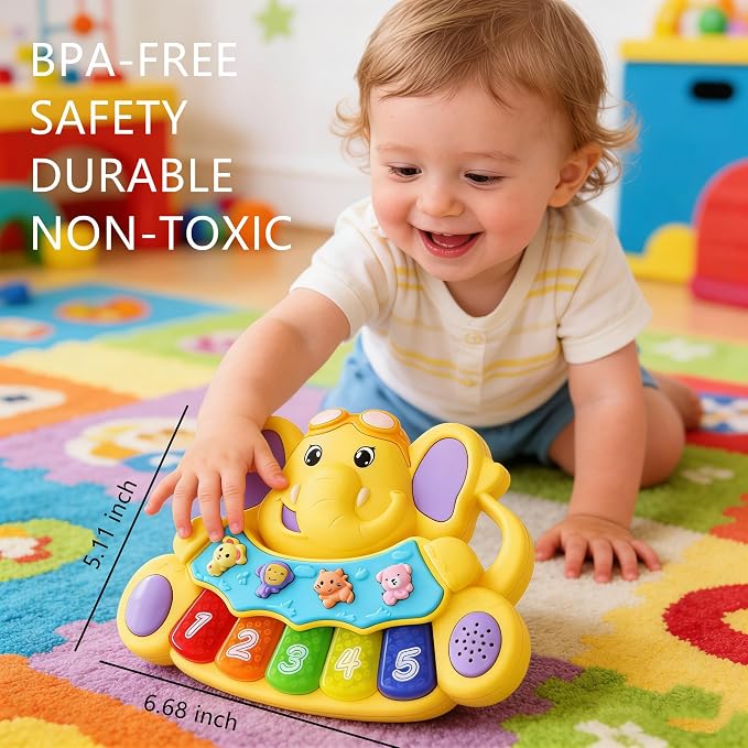 Baby Piano Drum Music Toy 6-12 Months, Elephant Light Up Musical Keyboard Animal Sound, Toddler 12-24 Early Learning Educational Interactive Infant Toys Girl Boy Gift 1 Year Old