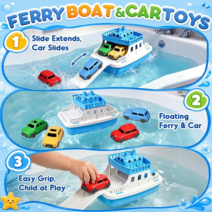 Toy Boat Bath Toys for Toddlers with 4 Mini Car Toys, Kids Water Toys Ferry Boat for Bathtub Bathroom Pool Beach Toys, Birthday Gifts