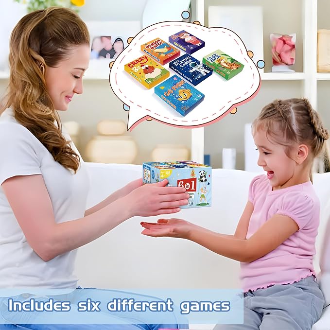 Card Games,6 Decks,Go Fish,Old Maid,Crazy 8s,Memory Match,Slap Jack,Space Playing Cards,Fun Game Cards for Kids Toddlers and Adults,Family Party Table Games, Stocking Stuffers Gifts for Kids