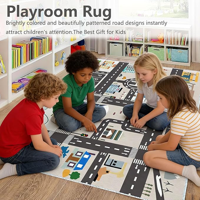 Car Rug Play Mat Road Rug,Kids Carpet Playmat Rugs City Life Great for Playing with Cars and Toys,Children Educational Race Track Rugs with Non-Slip Rubber Backing for Playroom Bedroom Classroom