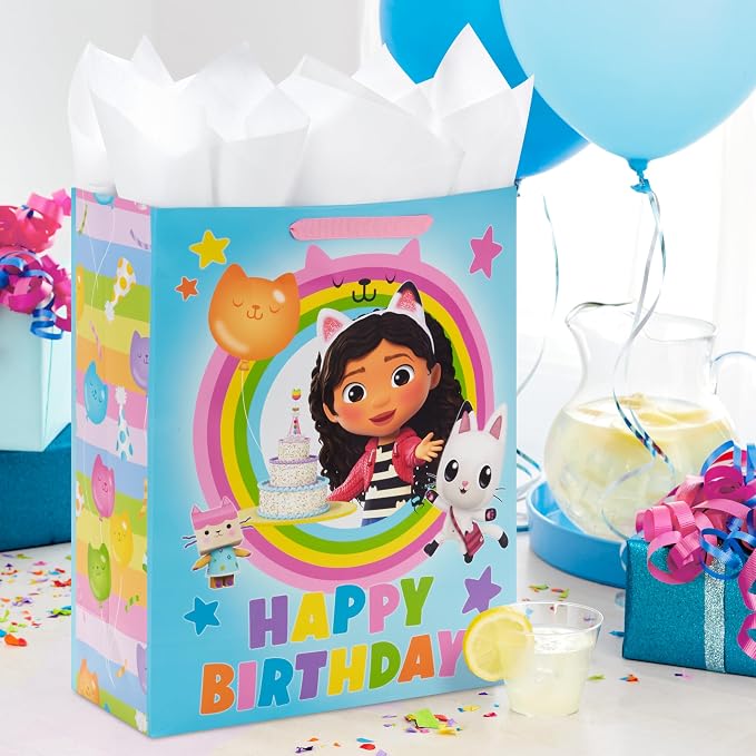 Hallmark Gabby's Dollhouse 15" Extra Large Birthday Gift Bag with Tissue Paper (Blue and Pink Rainbow) for Kids, Grandchildren, Friends