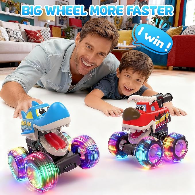 Monster Truck Toys, 3 Pack Light Up Cars for Toddlers, Baby Animal Toy Trucks Dino Cars with LED Lightning Wheels, Press & Go Car with Moving Mouth for Kids Boys Girls Christmas Birthday Gifts