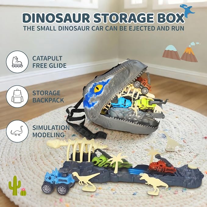 Dinosaur Launch Tracks Toys with Rolling Wheels & Storage Box & Shoulder Bag, 3-in-1 Toy Set for Kids 3+, Cool Dinosaur Car Playset for Toddler Boys & Girls' Festival Gift (Velociraptor)