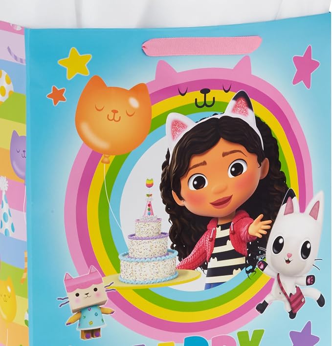 Hallmark Gabby's Dollhouse 15" Extra Large Birthday Gift Bag with Tissue Paper (Blue and Pink Rainbow) for Kids, Grandchildren, Friends
