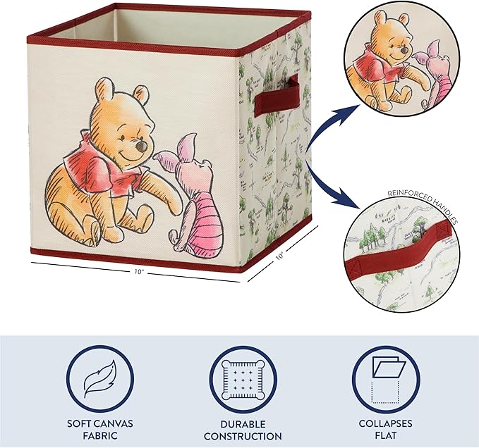 Disney Winnie the Pooh Storage Cubes, Set of 2 Fabric Storage Bins with Handles, 10x10 Collapsible Cube Organizer Baskets for Nursery, Kids Room, Playroom, Closet & Shelf Storage