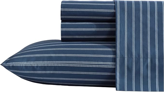 Nautica – Twin XL Size Sheet Set, Crisp Cotton Percale Bedding with Matching Pillowcase, Lightweight & Breathable Bed Sheets, Deep Pocket, College Dorm Room Essentials (Richmond Stripe Blue)