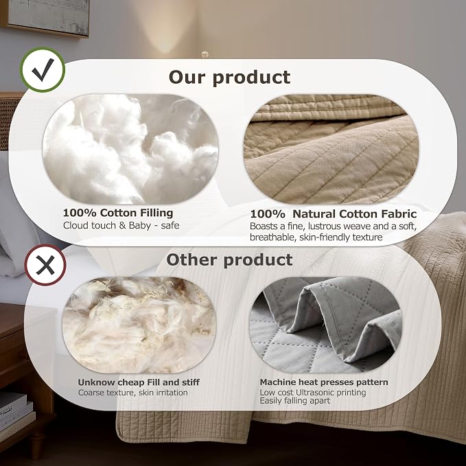 palassio Striped Dark Beige 100% Cotton Quilt Twin Size Bedding Sets, Lightweight Crinkly Channel Pick Stitch Textured Bedspread Soft Shabby Chic Farmhouse Country Coverlet for All Season, 1 Sham