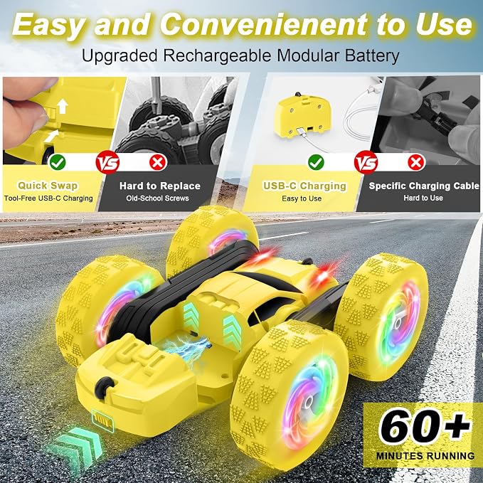 Remote Control Car, Outdoor Toys RC Cars for Kids Ages 6-12, 4WD Double Sided Stunt Vehicle with Upgraded USB-C Modular Batteries, 5 6 7 8 9 10+ Year Old Boy Birthday Yellow