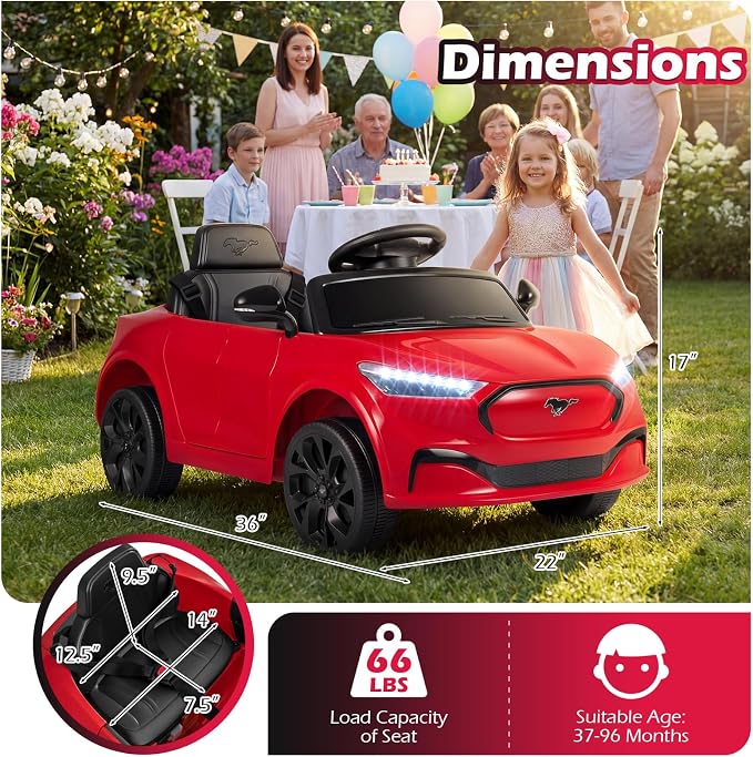 Costzon Ride on Car, 12V Licensed Ford Mach E Kids Electric Vehicle with Parent Control, LED Lights, Horn, Music, Wireless Connection & Spring Suspension, Kids Car Toy for Girls Boys (Red)