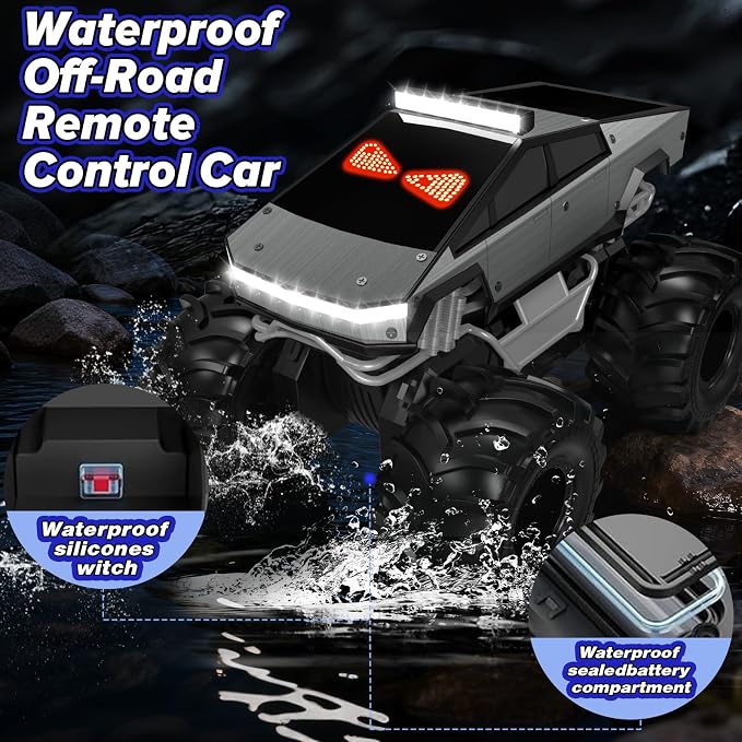 Remote Control Car with LED Dynamic Eyes, 1:18 Amphibious RC Cars, 4WD All Terrain Pickup, 2.4GHz Waterproof Cyber Truck, 360° Rotatable Monster Truck Toys for Boys Birthday Gifts Age 6 7 8 9+(Grey)