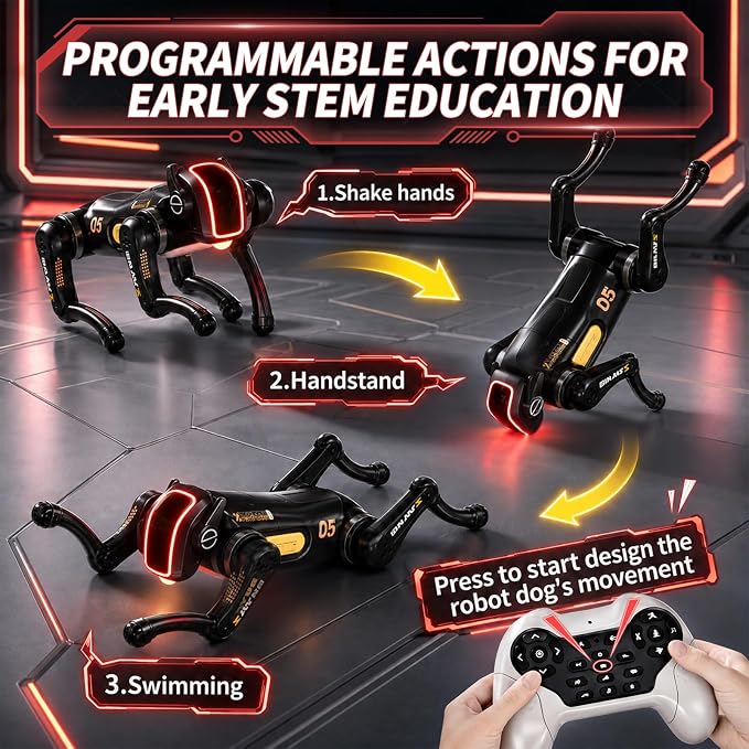 Remote Control Robot Dog Toy, Programmable Smart Interactive RC Puppy with 30+ Tricks & Voice Scenarios, STEM Educational Robotics Toys for Kids Age 5-12(Black)