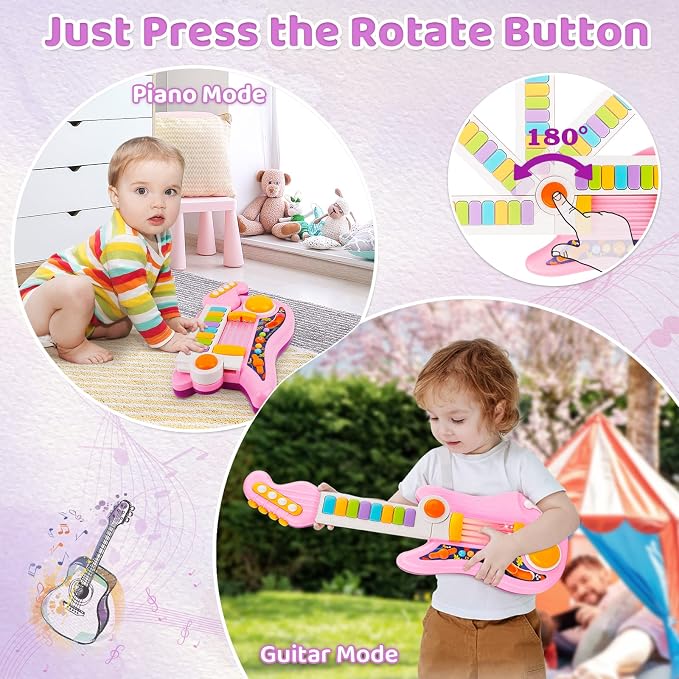 Kids Guitar 2 in 1 Musical Instruments for Kid - Fun Piano Toddler Toy & Electric Guitars | Explore Creativity | Unleash Child’s Talent, Music Toys for Boys & Girls (Pink)